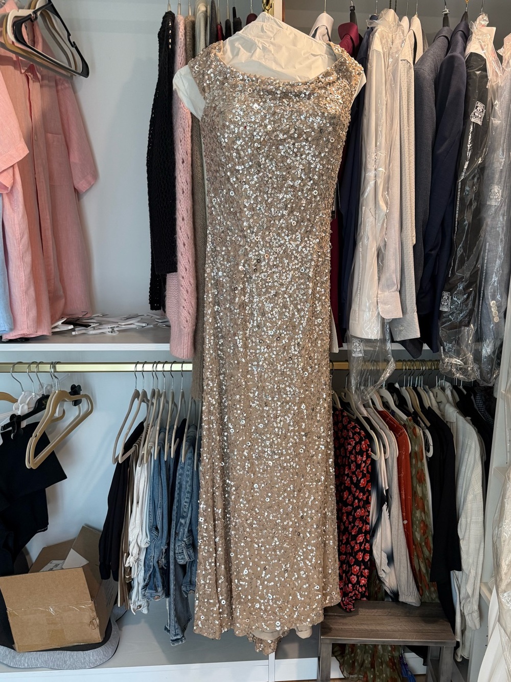 Adrianna Papell Gold Sequin Maxi Gown
